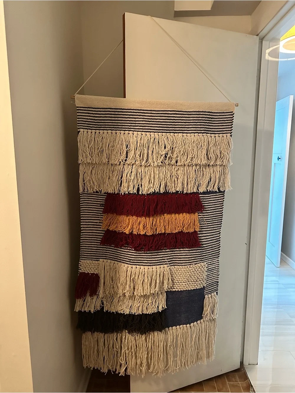 Fringed Boho Wall Hanging in Cream, Burgundy & Mustard